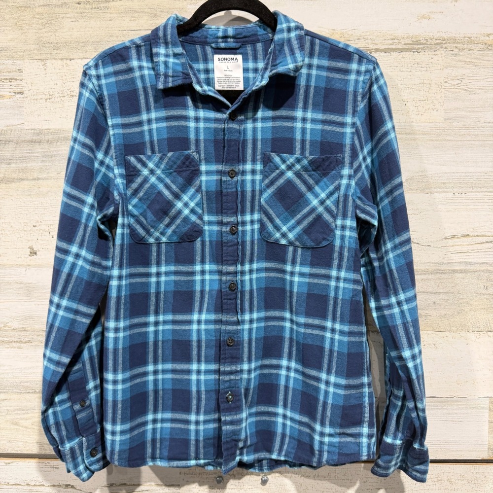 Sonoma Flannel Shirt Boys L Blue Plaid Button Down Fall Winter EUC